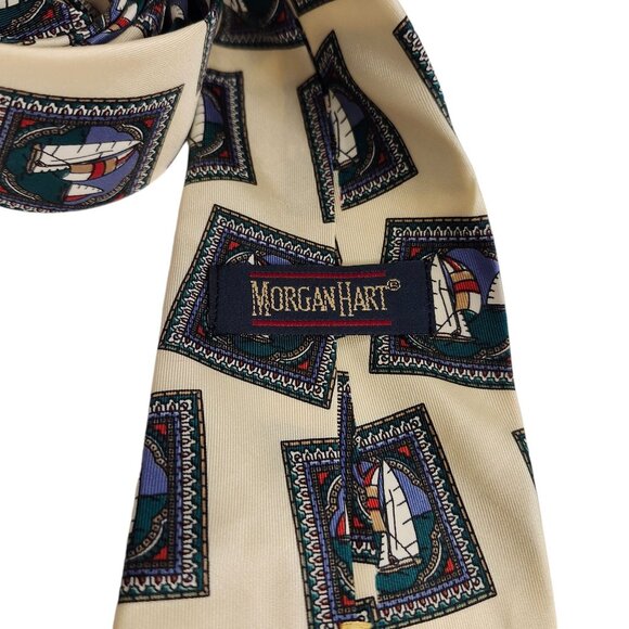 Vintage Morgan Hart Sailboat Pattern Cream Silk Tie 4" x 56" - Picture 3 of 4